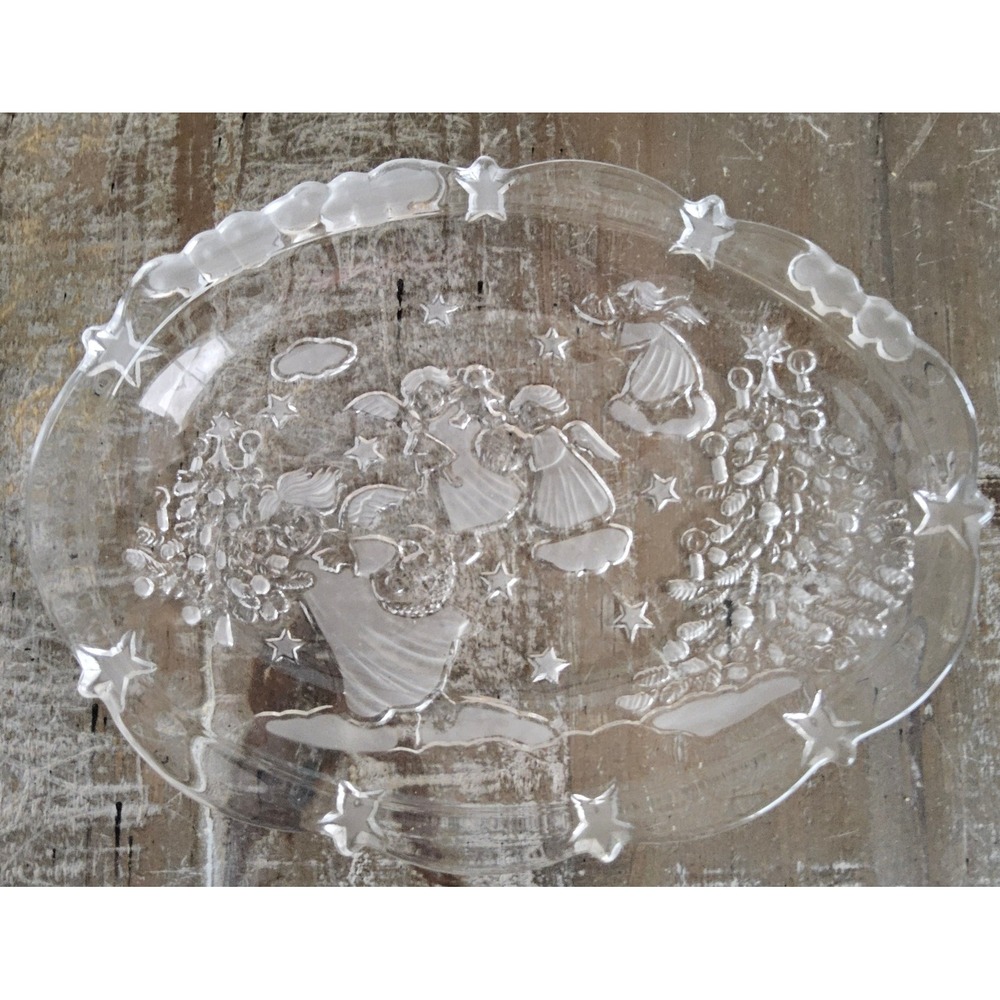 Mikasa Christmas Platter Clear Frosted Glass Angels Stars Tree Glassware